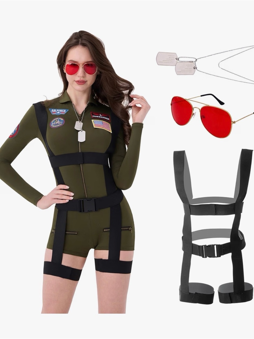 Pilot Costume 4 Piece Military Aviator Romper with Harness, accessories